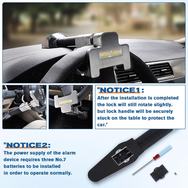 Hoqqf Steering Wheel Lock with Alarm,Heavy-Duty Anti-Theft Security Device for Cars Trucks & SUVs,Includes 2 Keys (Black) - Image 3